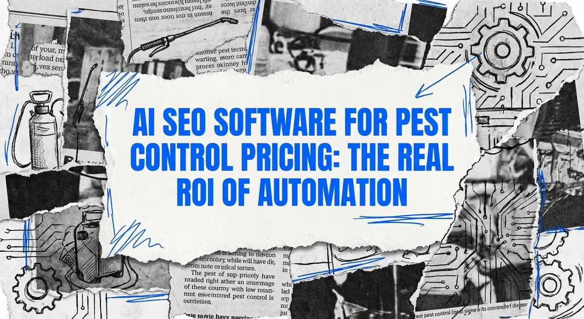 AI SEO software for pest control pricing collage with torn paper and electric blue accents