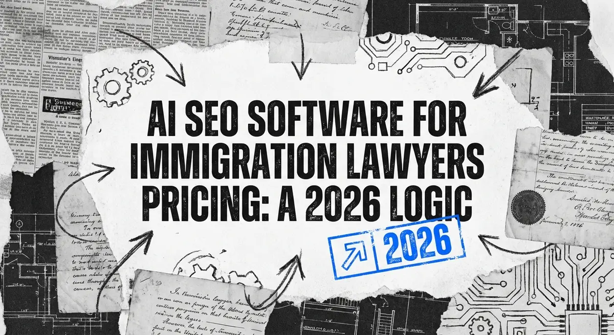 AI SEO Software for Immigration Lawyers Pricing featuring torn paper and electric blue accents