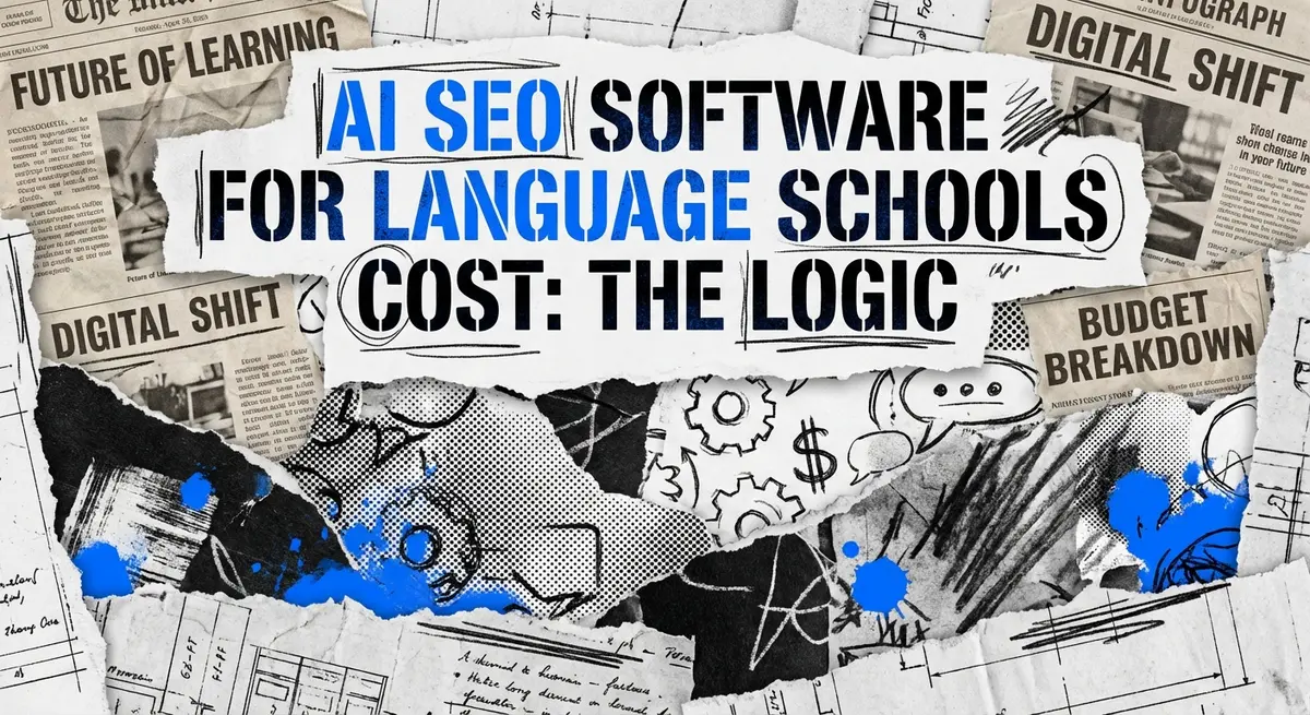 AI SEO software for language schools cost visualization showing torn paper and digital logic