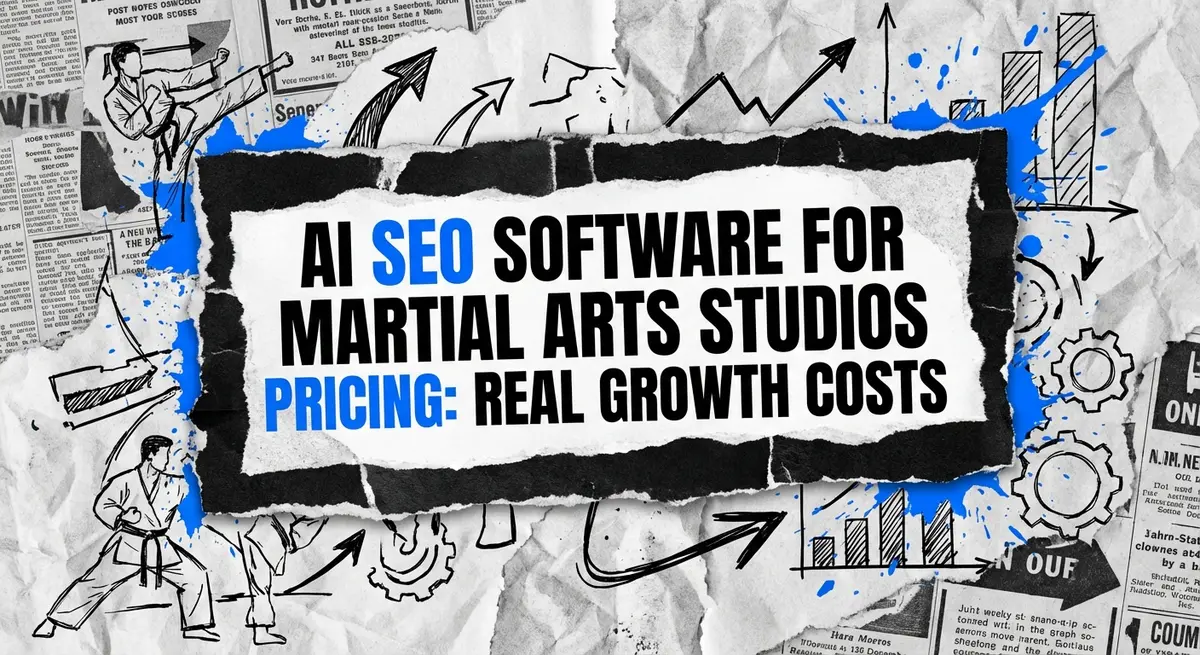 AI SEO software for martial arts studios pricing guide showing torn paper aesthetic with blue accents