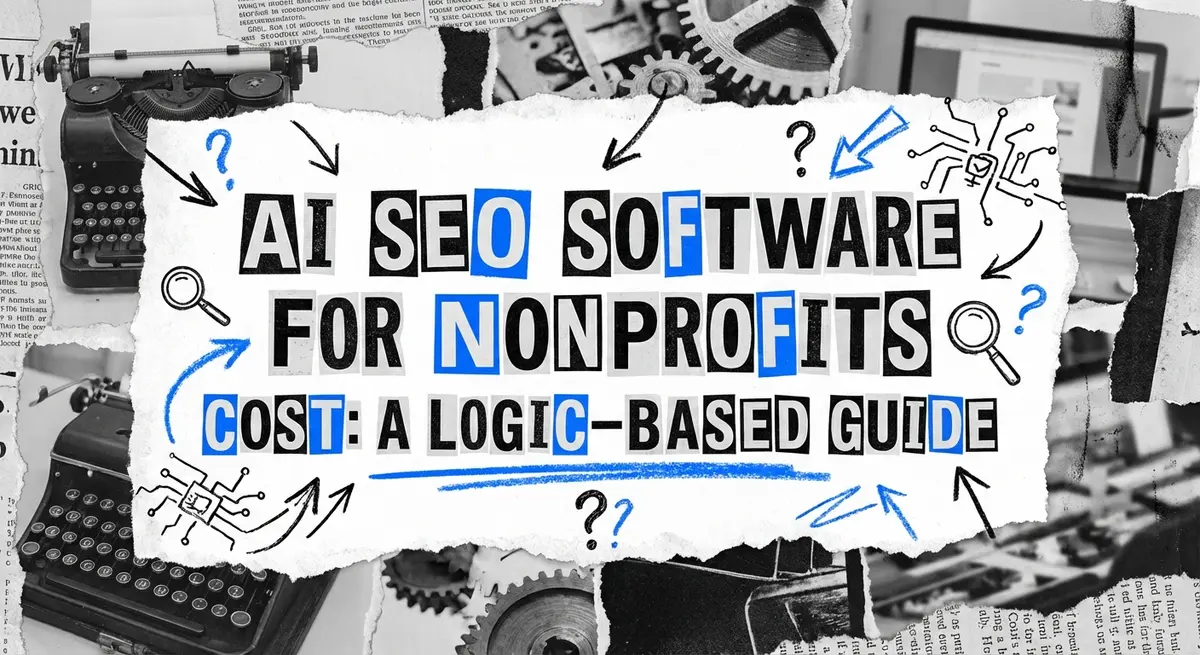 AI SEO Software for Nonprofits Cost artistic collage with financial and digital elements