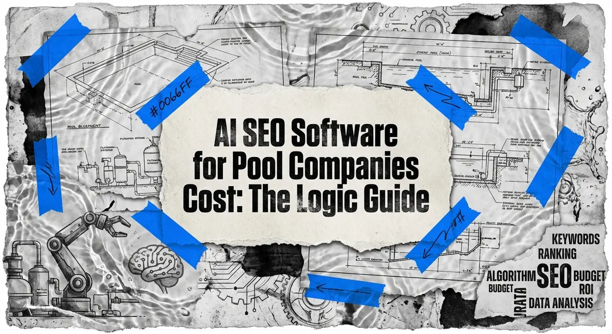 AI SEO software for pool companies cost analysis collage with blue accents