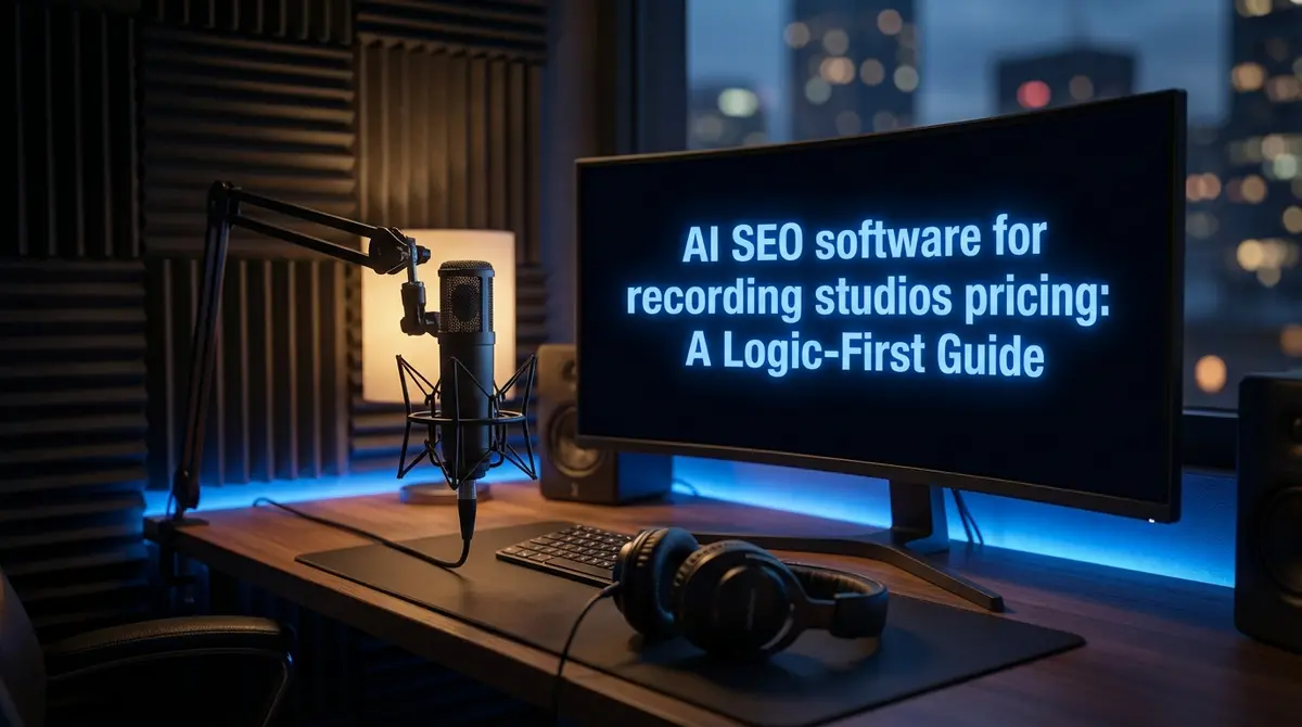 AI SEO software for recording studios pricing guide displayed on a monitor in a professional studio