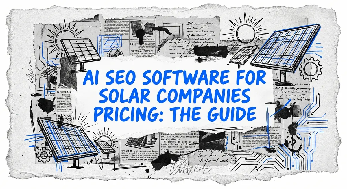 AI SEO Software for Solar Companies Pricing collage with torn paper and electric blue accents