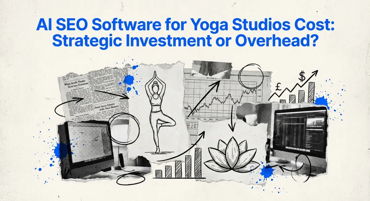 AI SEO Software for Yoga Studios Cost torn paper collage with yoga and finance elements