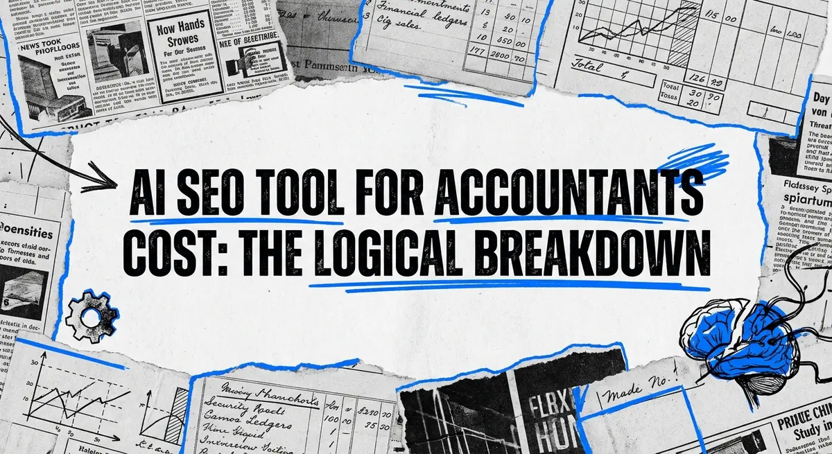 Torn paper collage featuring AI SEO tool for accountants cost analysis with electric blue accents
