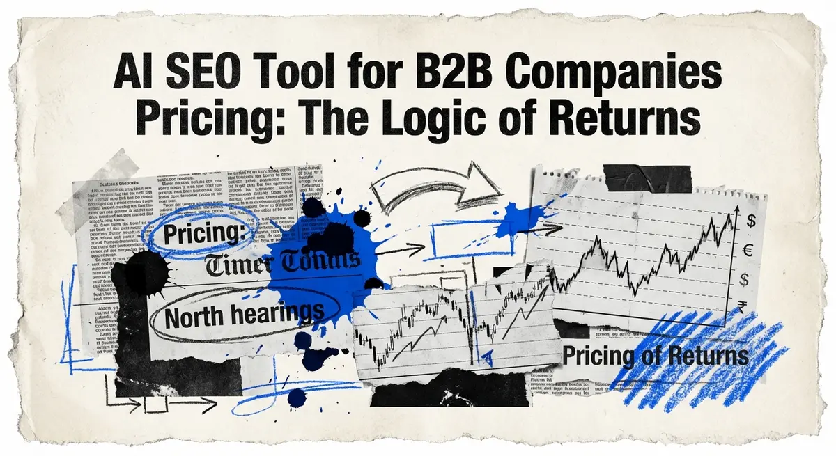 AI SEO tool for B2B companies pricing strategy visualized as torn paper collage