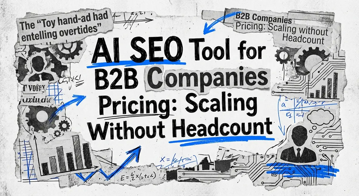 AI SEO Tool for B2B Companies Pricing torn paper collage style with electric blue accents