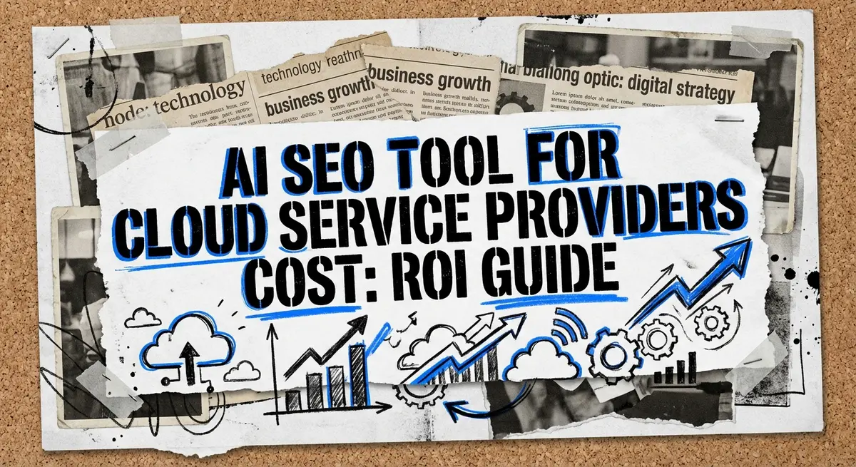 Torn paper collage featuring AI SEO tool for cloud service providers cost concepts