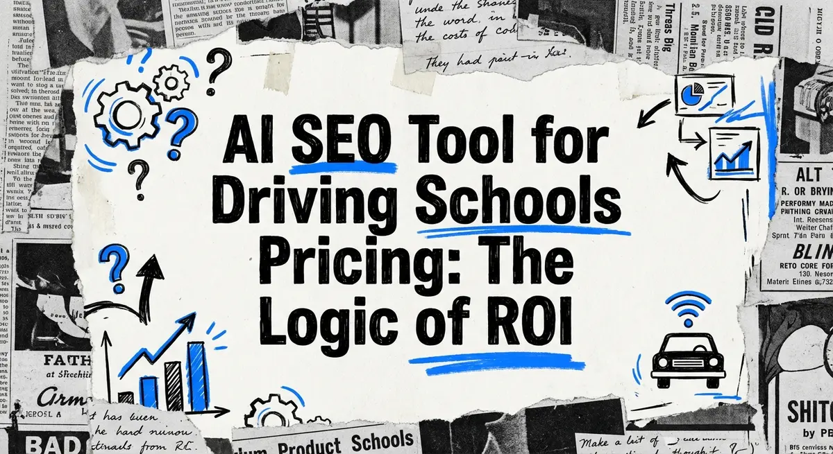 AI SEO tool for driving schools pricing collage art with torn paper and electric blue accents