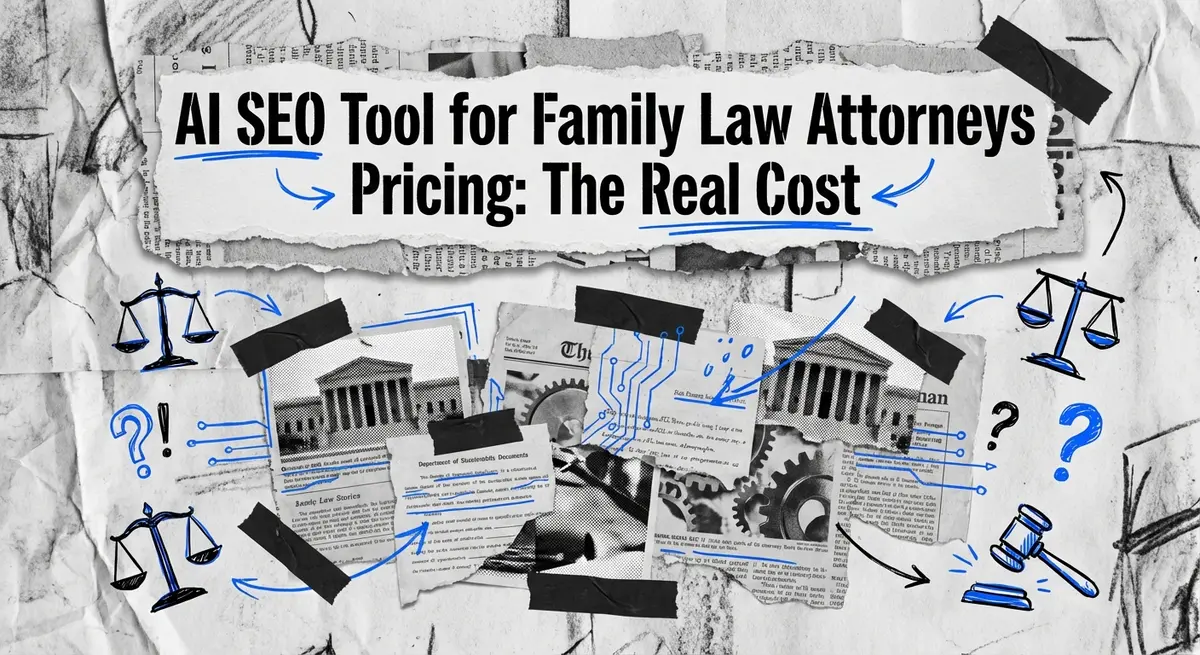AI SEO tool for family law attorneys pricing concept art with torn paper style and electric blue accents