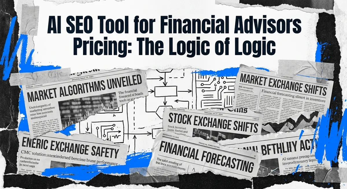 AI SEO tool for financial advisors pricing concept art with torn paper and blue accents
