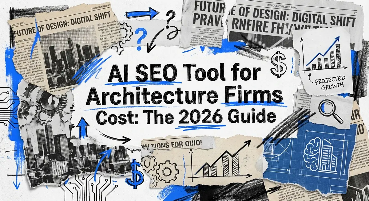 AI SEO tool for architecture firms cost analysis collage with torn paper and blue accents