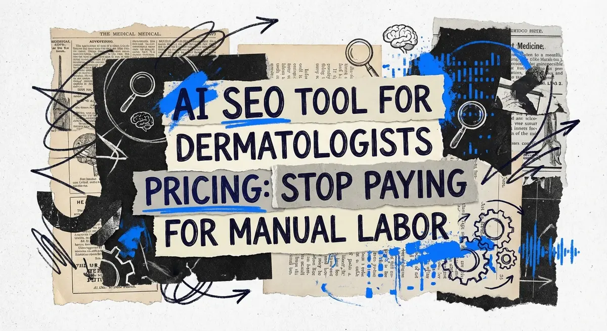 AI SEO Tool for Dermatologists Pricing collage with torn paper and electric blue accents