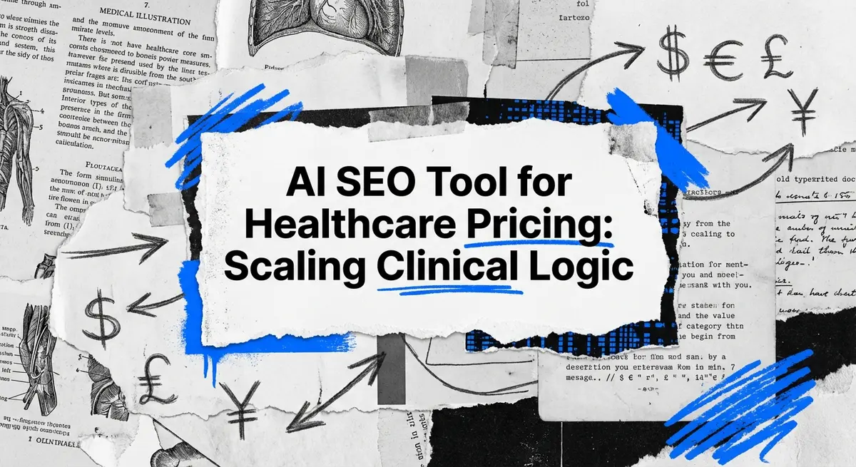 AI SEO tool for healthcare pricing collage with medical and financial elements