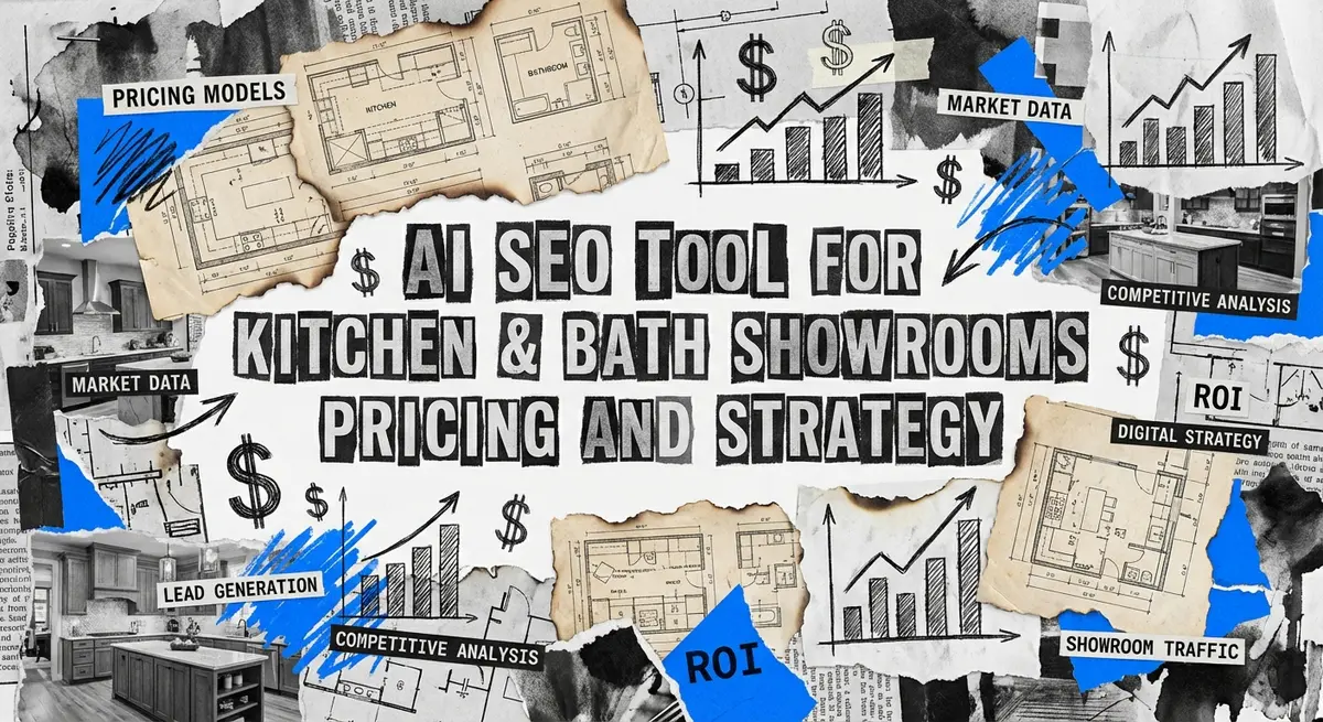 AI seo tool for kitchen and bath showrooms pricing collage with vintage blueprints and digital accents