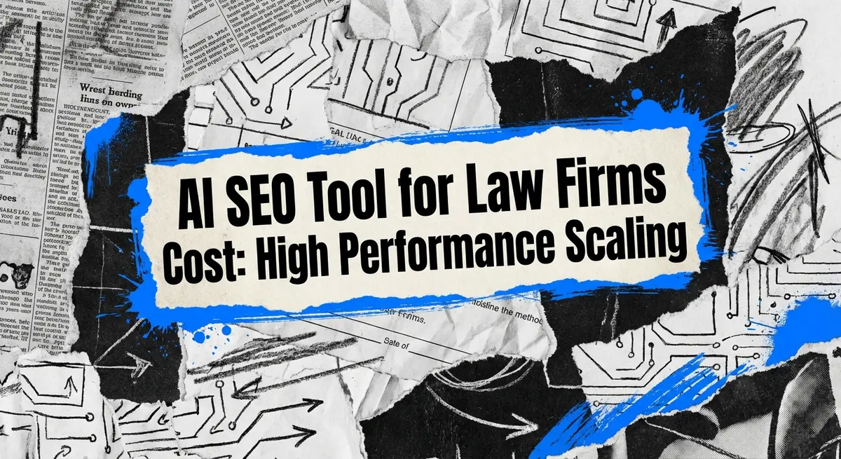 AI SEO tool for law firms cost concept art with torn paper and electric blue accents