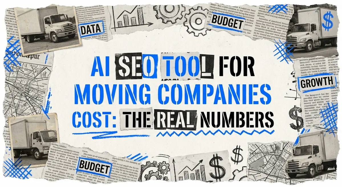 AI SEO Tool for Moving Companies Cost collage with torn paper and blue accents