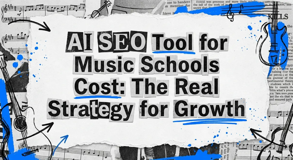 AI SEO Tool for Music Schools Cost collage with torn paper and electric blue accents