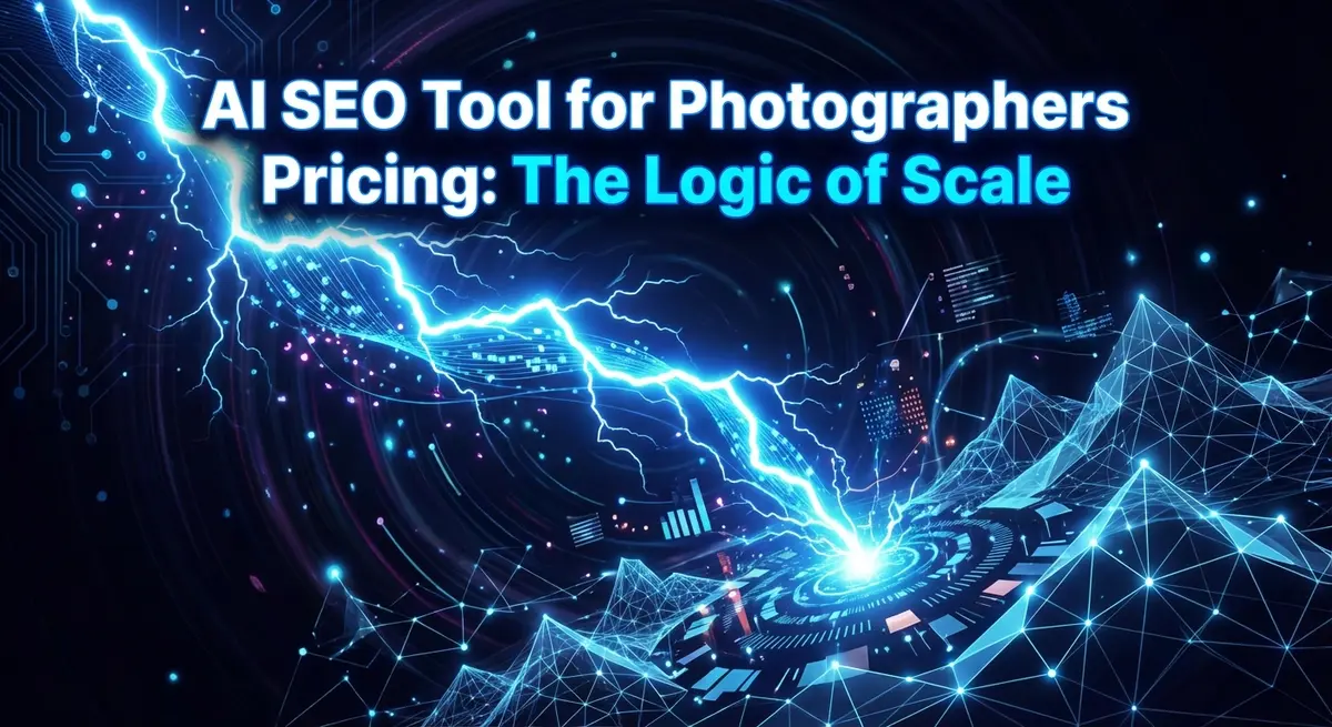 AI SEO tool for photographers pricing visualization with electric blue lightning