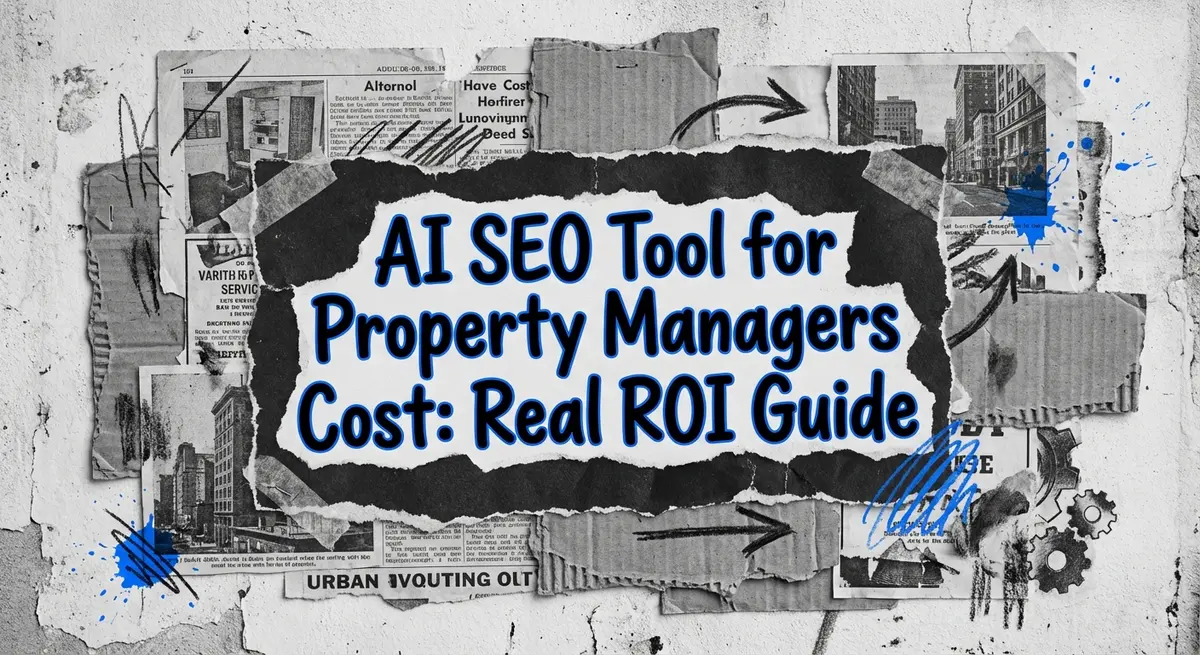 AI SEO tool for property managers cost guide displayed on an edgy torn paper collage background with electric blue accents