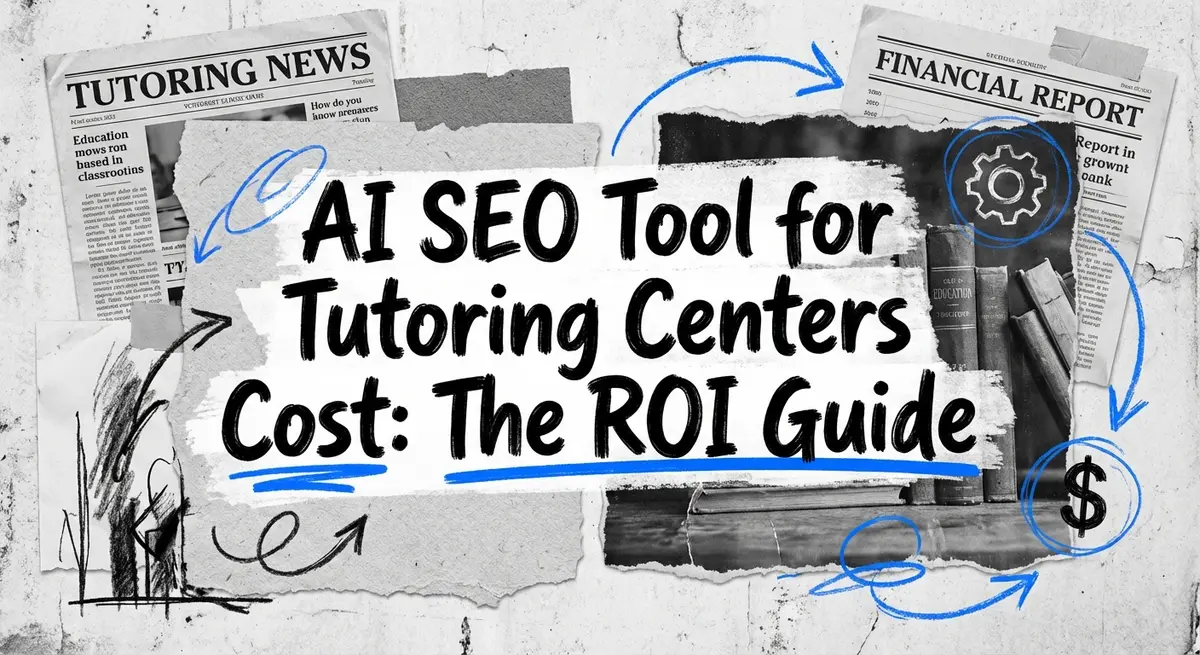 AI SEO tool for tutoring centers cost analysis torn paper collage art