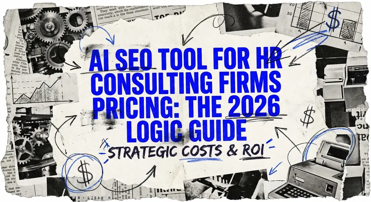 AI SEO tool for HR consulting firms pricing guide collage with torn paper and electric blue accents
