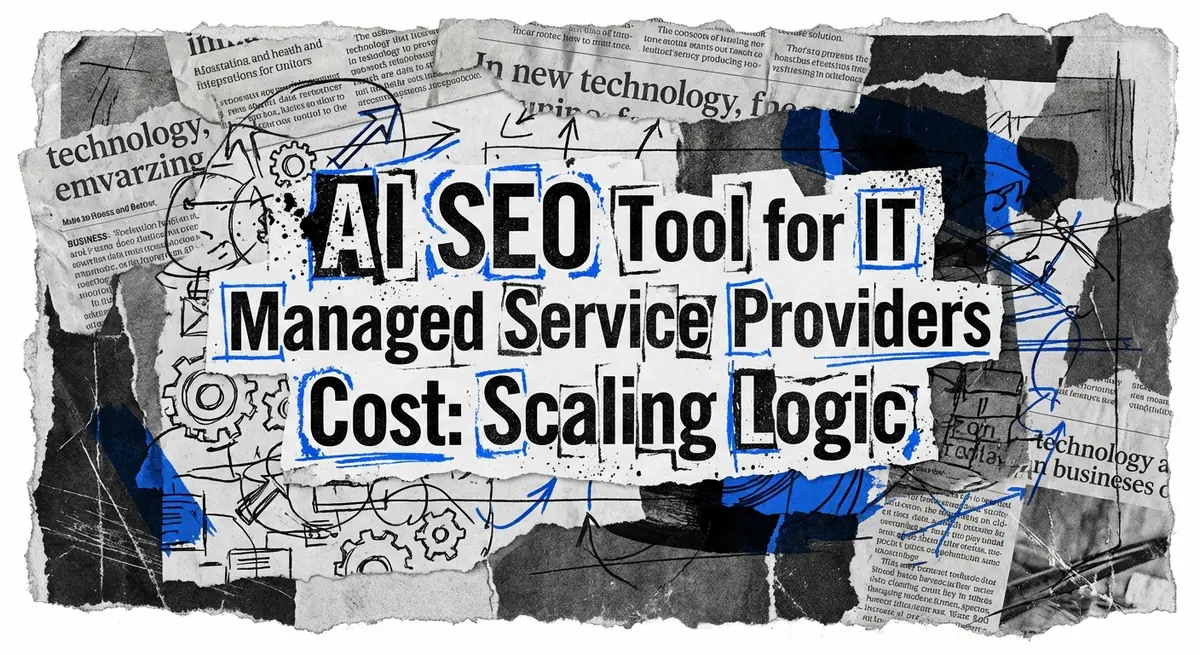 Artistic collage representing ai seo tool for it managed service providers cost with digital elements