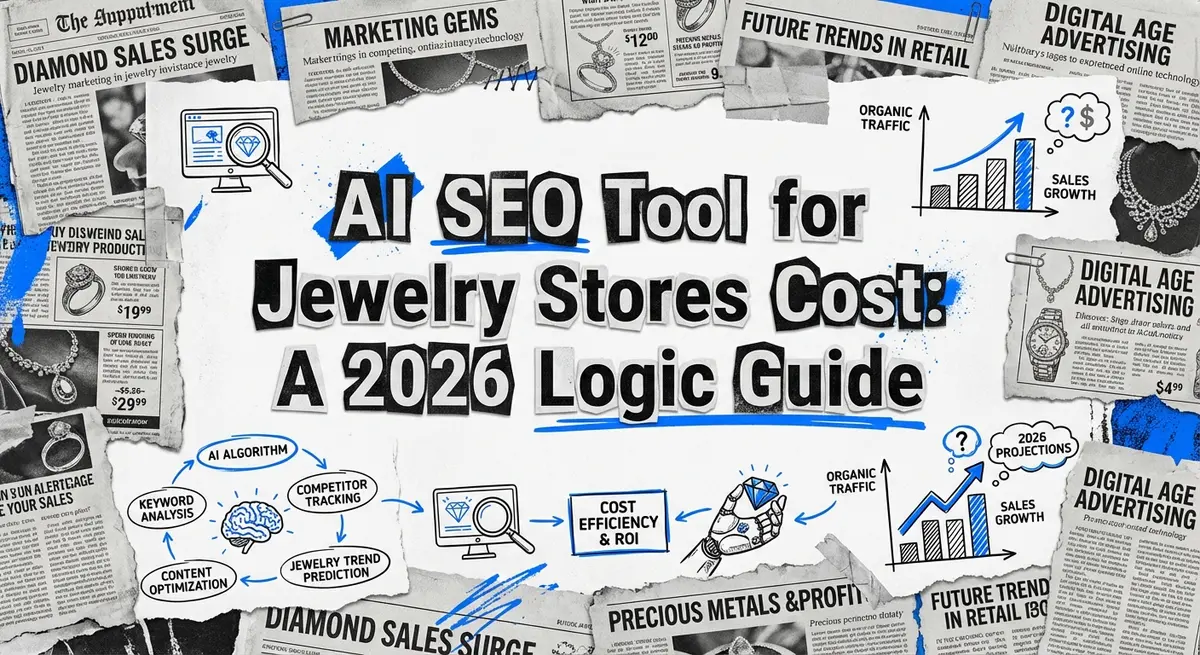 Torn paper collage featuring ai seo tool for jewelry stores cost concepts