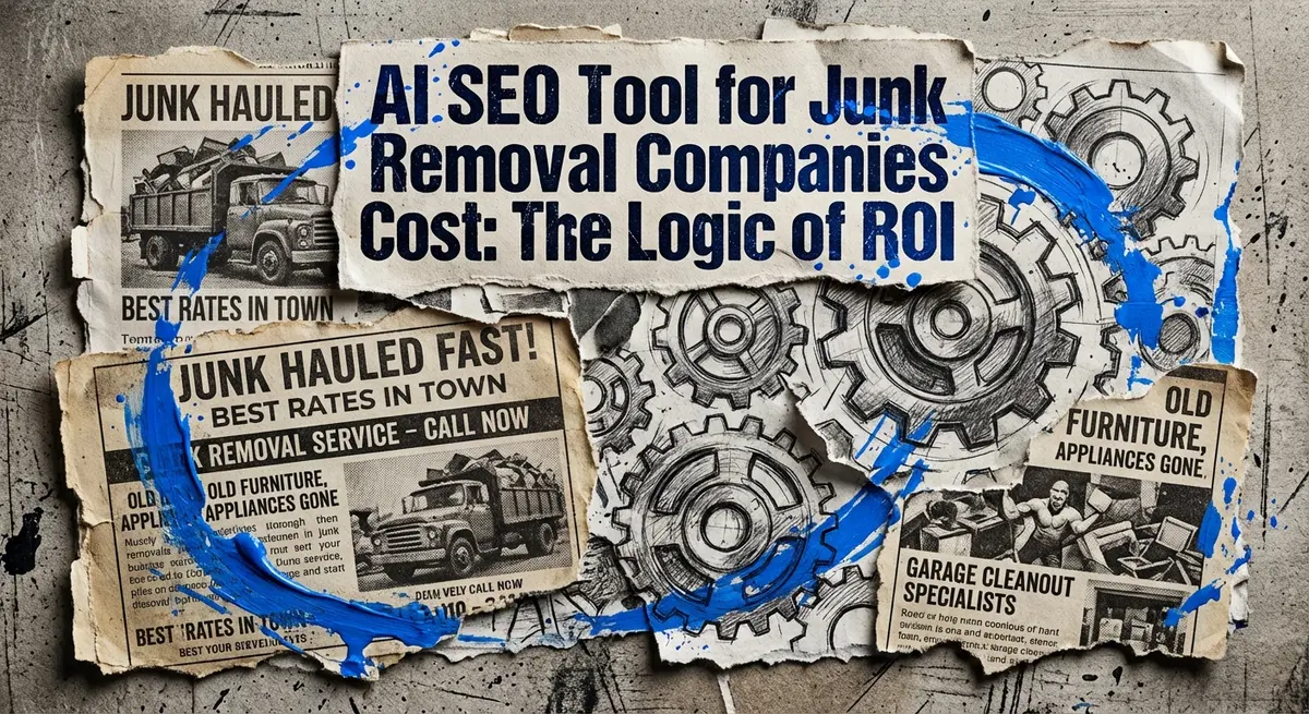 AI SEO tool for junk removal companies cost analysis on torn paper collage art