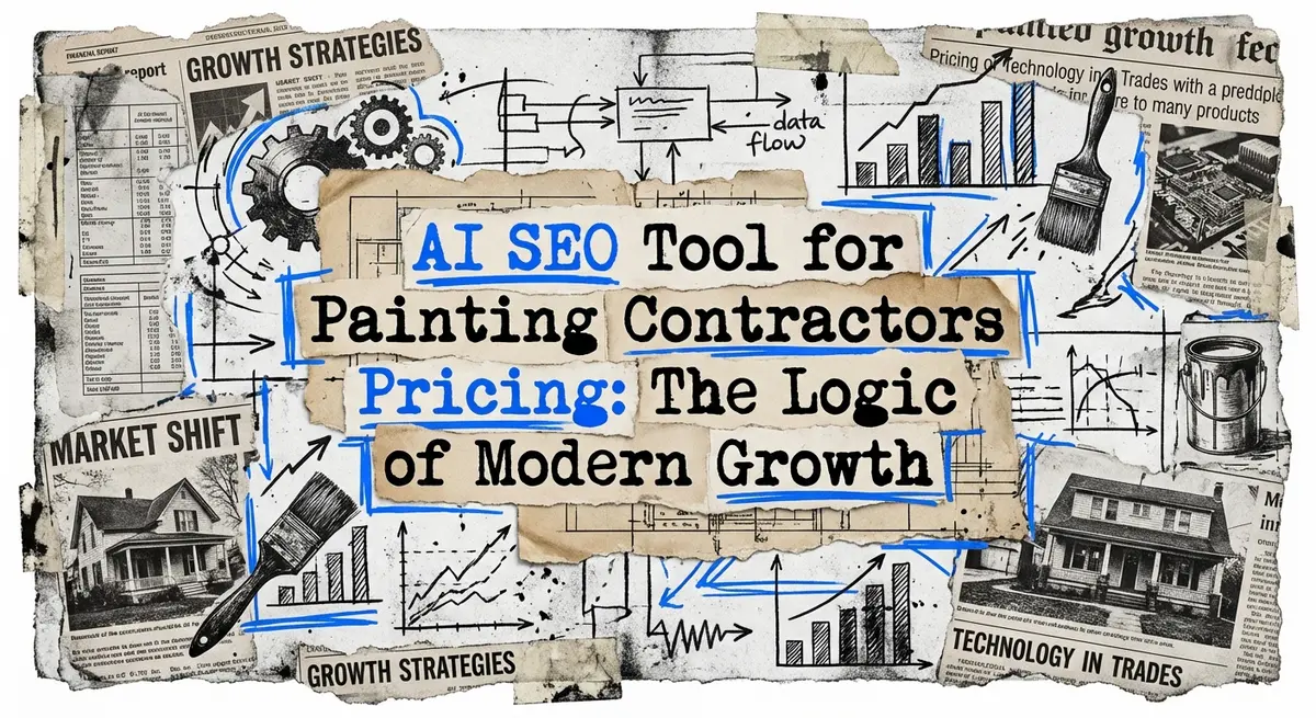 AI SEO Tool for Painting Contractors Pricing abstract collage with torn paper and electric blue accents