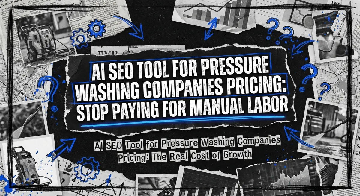 AI SEO tool for pressure washing companies pricing comparison torn paper collage