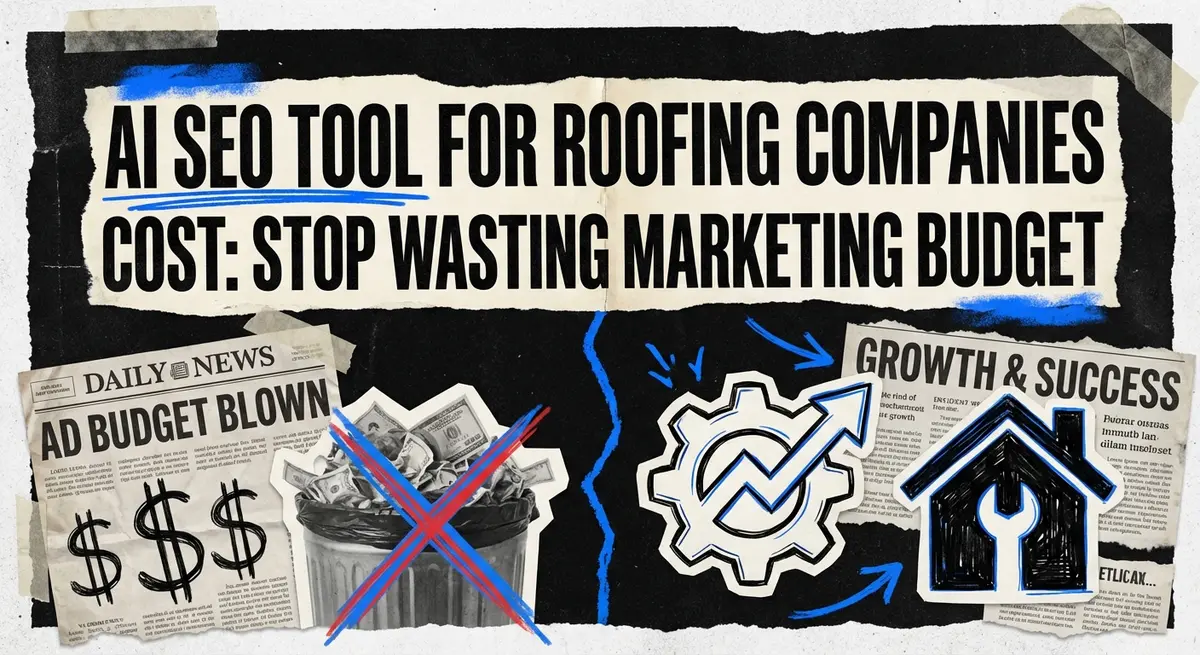 AI SEO Tool for Roofing Companies Cost torn paper collage with electric blue accents