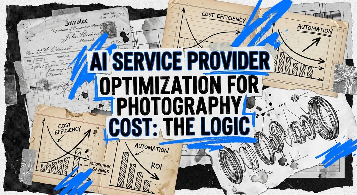 AI service provider optimization for photography cost collage with torn paper and blue accents
