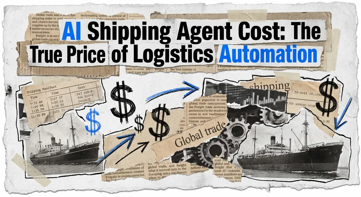 AI shipping agent cost collage with torn paper and electric blue accents