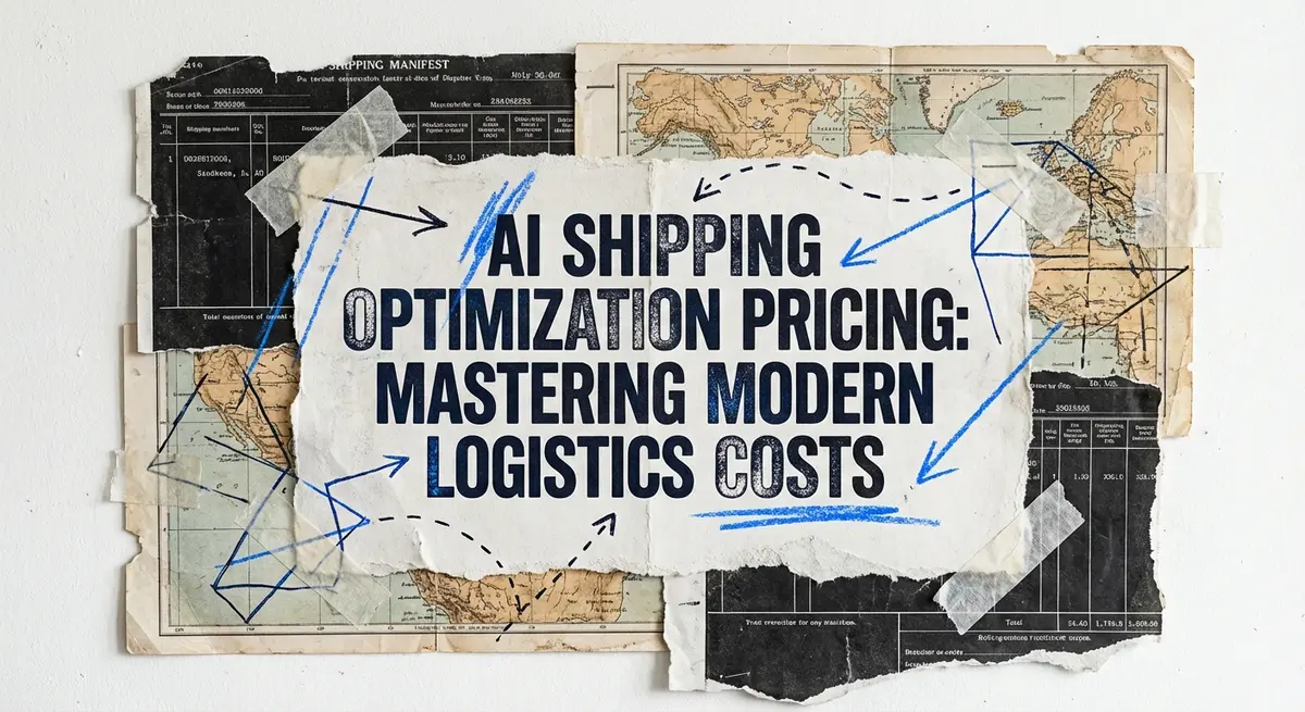 AI shipping optimization pricing collage with torn paper and logistics maps