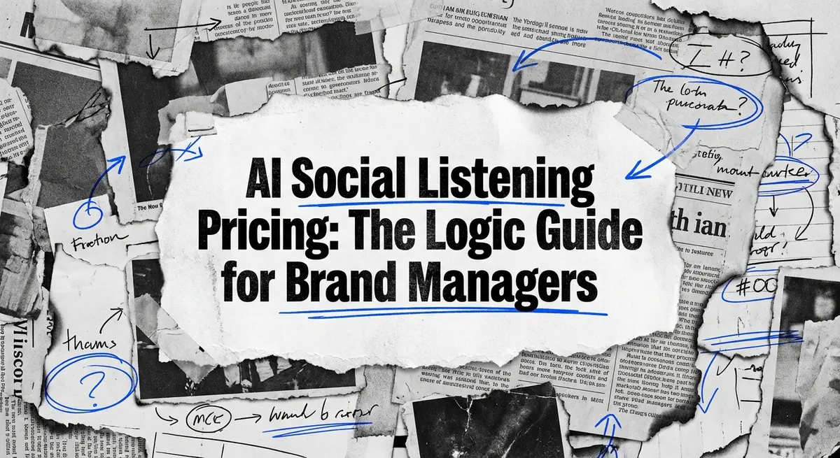 AI social listening pricing guide featuring torn paper collage art with #0066FF accents