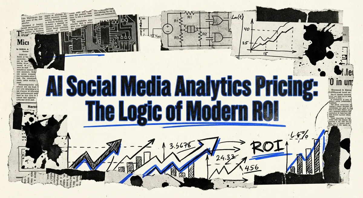 AI Social Media Analytics Pricing torn paper collage with electric blue accents