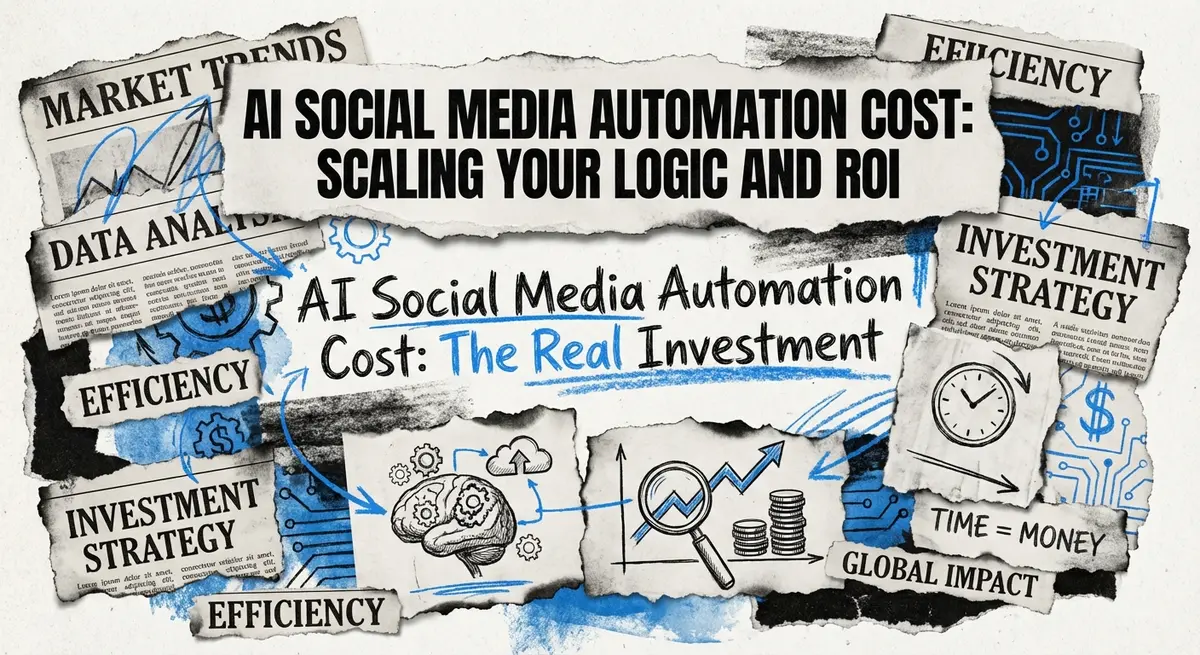 AI social media automation cost comparison collage with torn paper and electric blue accents
