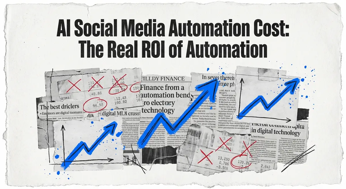 AI Social Media Automation Cost torn paper collage with financial charts