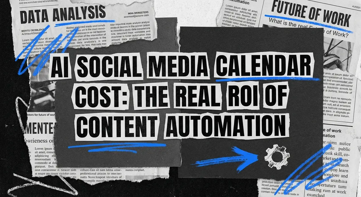 AI social media calendar cost concept art with torn paper and #0066FF accents