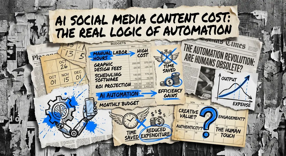 AI social media content cost collage with torn paper and electric blue accents