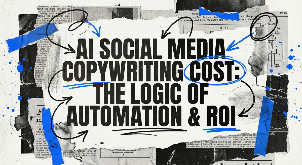 AI Social Media Copywriting Cost collage with torn paper and electric blue accents