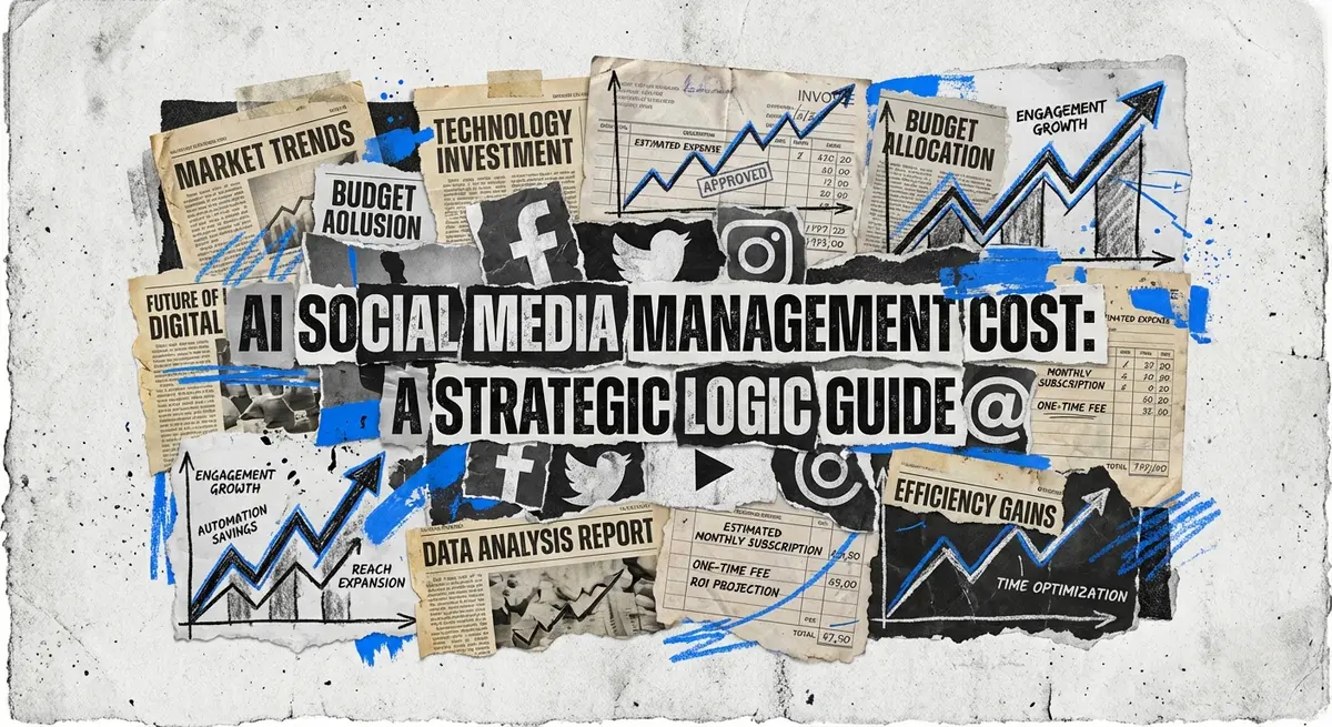 AI social media management cost collage with torn paper and electric blue accents