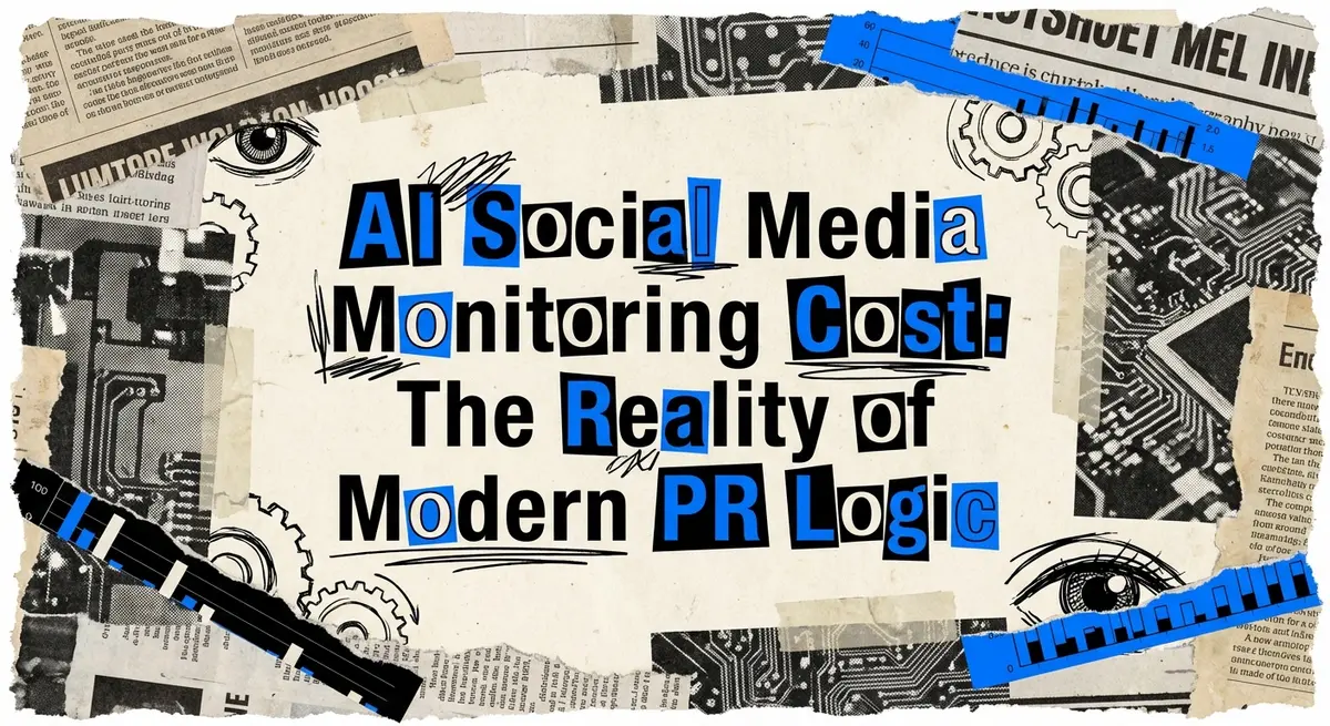 AI social media monitoring cost visualization with electric blue lightning and digital data streams