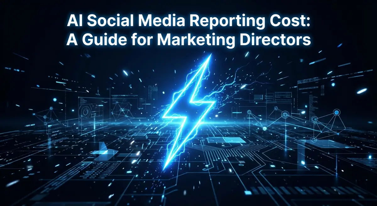 AI social media reporting cost featured image with electric blue lightning design