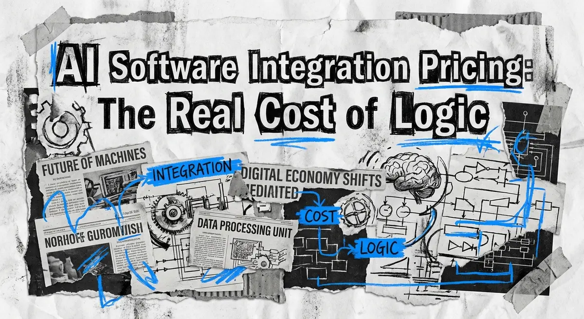 AI Software Integration Pricing torn paper collage with electric blue accents showing the real cost of logic
