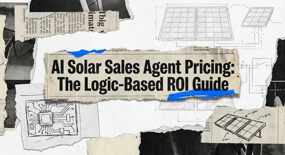 AI solar sales agent pricing logic guide torn paper collage with electric blue accents