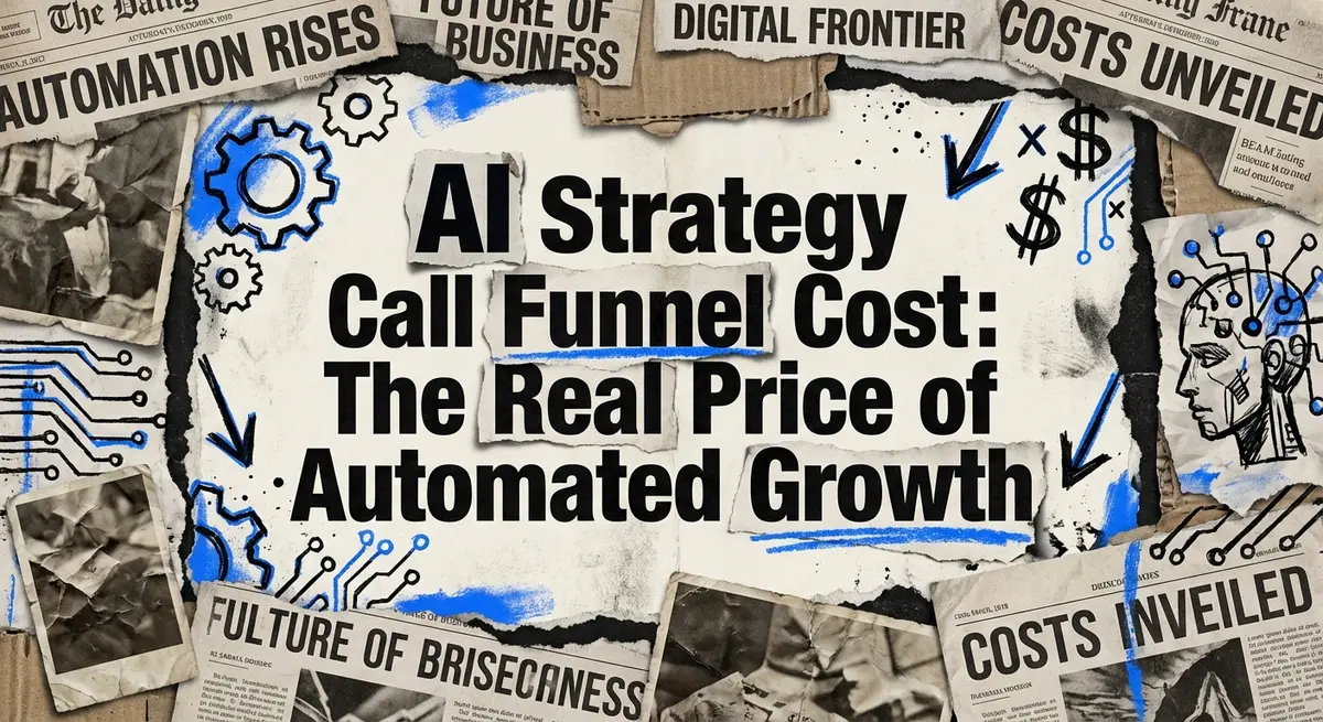 AI Strategy Call Funnel Cost collage art with torn paper and electric blue accents