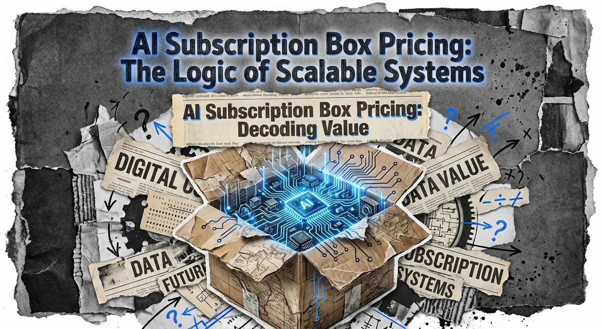 AI subscription box pricing concept art in torn paper style with #0066FF electric blue accents